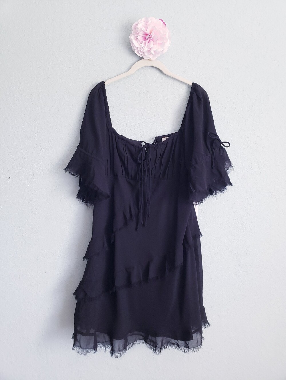 Topshop Black Chiffon Lace Up Back Raw Hem Mini Dress